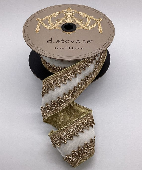 A roll of decorative ribbon with a gold and white pattern, placed on a white background.