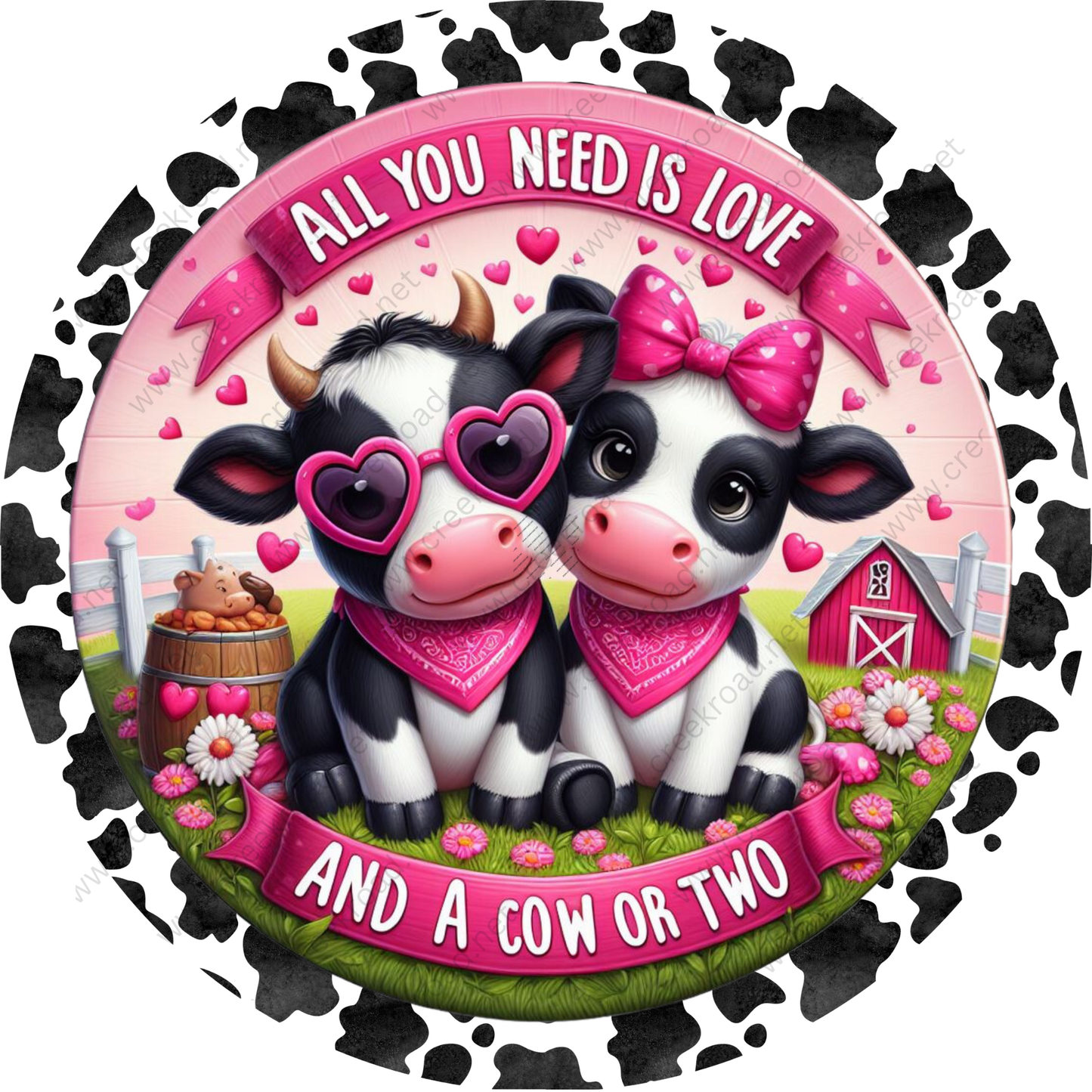 A pair of cows wearing sunglasses and pink bows, with a barn and flowers in the background, and a banner that says "All you need is love and a cow or two".