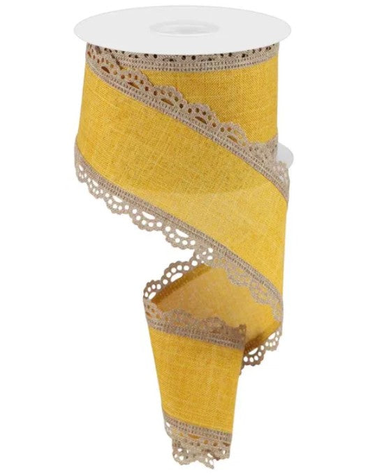A yellow fabric ribbon with a decorative lace trim, which appears to be a decorative item.