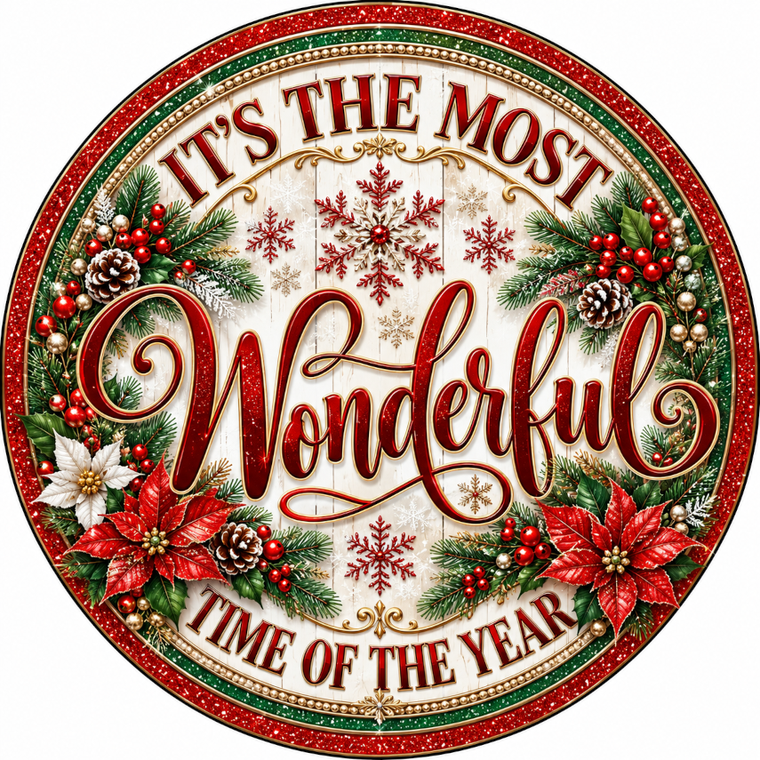 The image is a circular Christmas-themed design with the text "It's the most Wonderful Time of the Year" surrounded by various holiday decorations such as poinsettias, pine cones, and snowflakes.