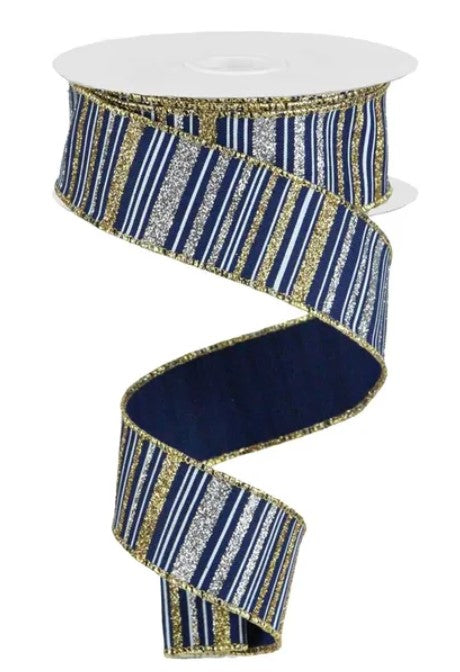 A spiral-shaped ribbon with a blue and gold striped pattern.