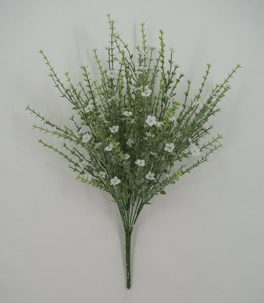 A bouquet of small white flowers with green stems is displayed against a plain white background.