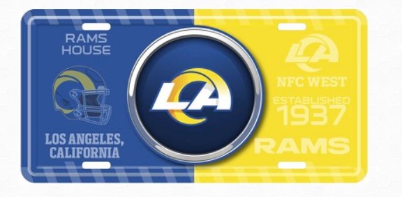 A license plate with the Los Angeles Rams logo and text, representing the Los Angeles Rams football team.