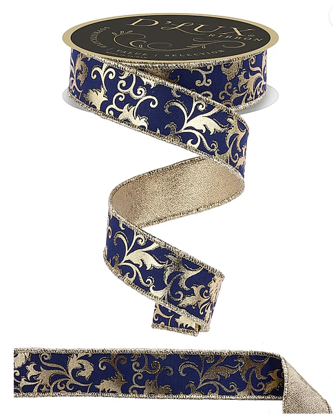 A decorative blue and gold ribbon with a floral pattern, featuring a gold border and a gold-colored loop at the top.