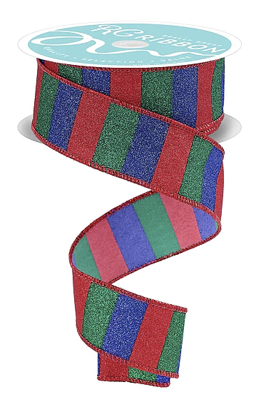A spiral-shaped ribbon with a pattern of red, blue, and green stripes.
