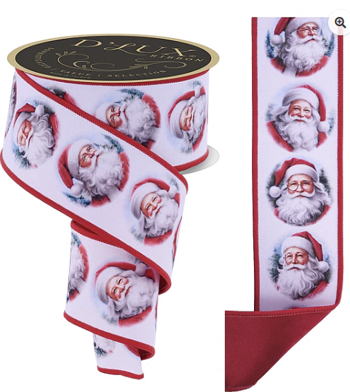 a red ribbon with a repeating pattern of Santa Claus faces on it.