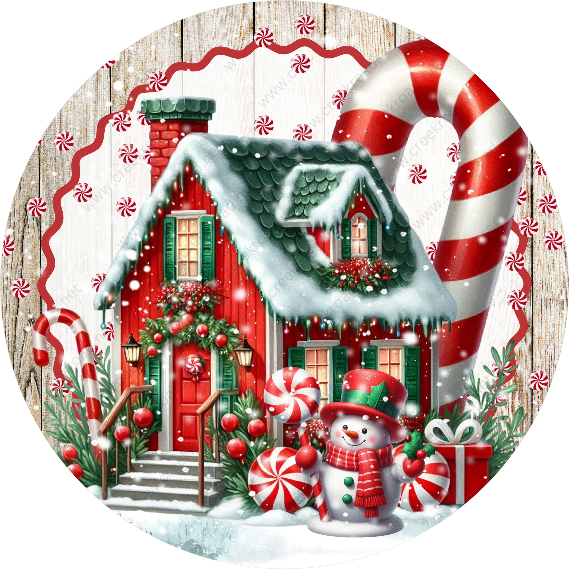 A festive Christmas scene featuring a red and white striped house, a snowman, candy canes, and a large candy cane.