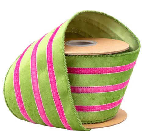 A roll of green and pink striped ribbon is shown against a white background.