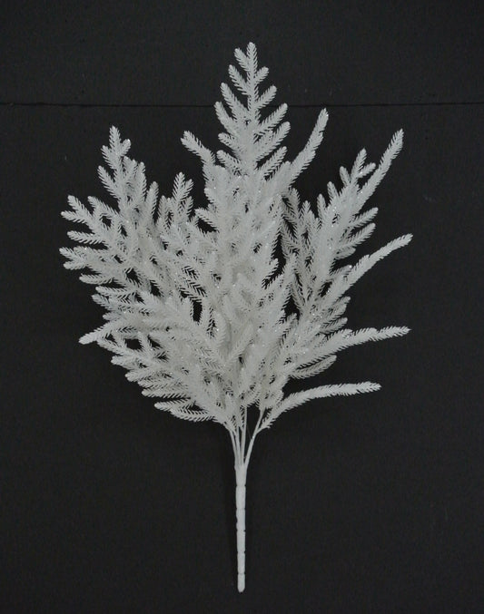 A white, spiky branch with multiple thin leaves, resembling a pine cone or a similar natural structure, against a dark background.