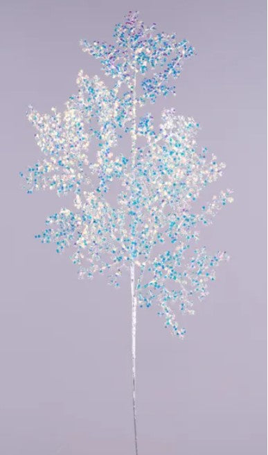 A single, tall tree with a white stem and branches adorned with small, multicolored beads or sequins, creating a visually striking and intricate design.