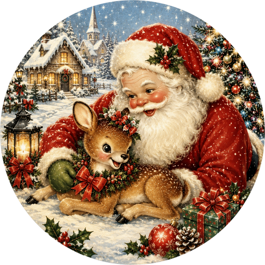 Santa Claus holding a deer in front of a snowy village with Christmas decorations, including a Christmas tree, lantern, and presents.