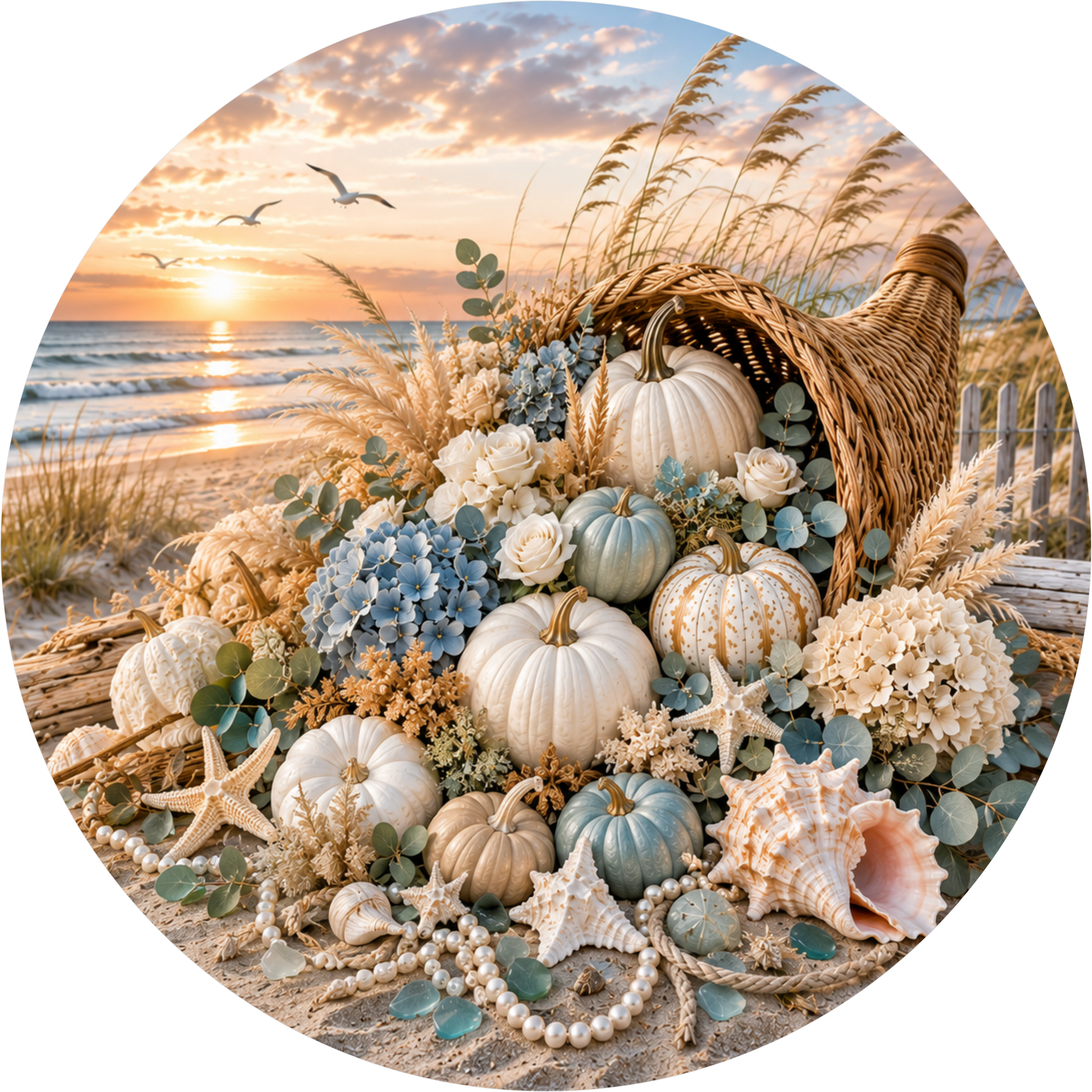A wicker basket filled with various fall decorations, including pumpkins, seashells, and flowers, sits on a beach at sunset.