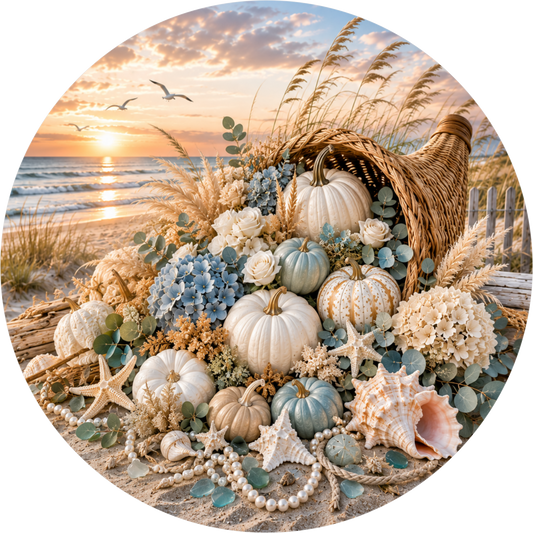 A wicker basket filled with various fall decorations, including pumpkins, seashells, and flowers, sits on a beach at sunset.