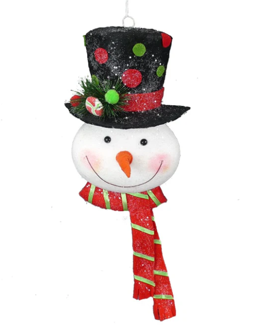 a snowman ornament hanging on a white wall