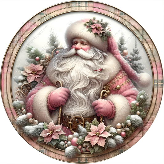 A detailed illustration of Santa Claus wearing a pink suit and hat, surrounded by a wreath of flowers and greenery, with a bird perched on his shoulder.