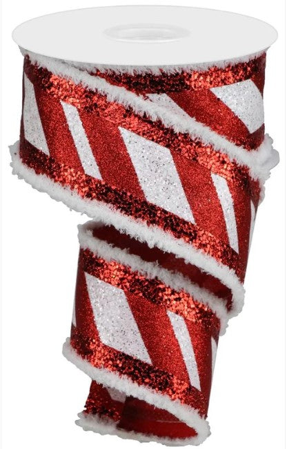 a roll of red and white glitter ribbon