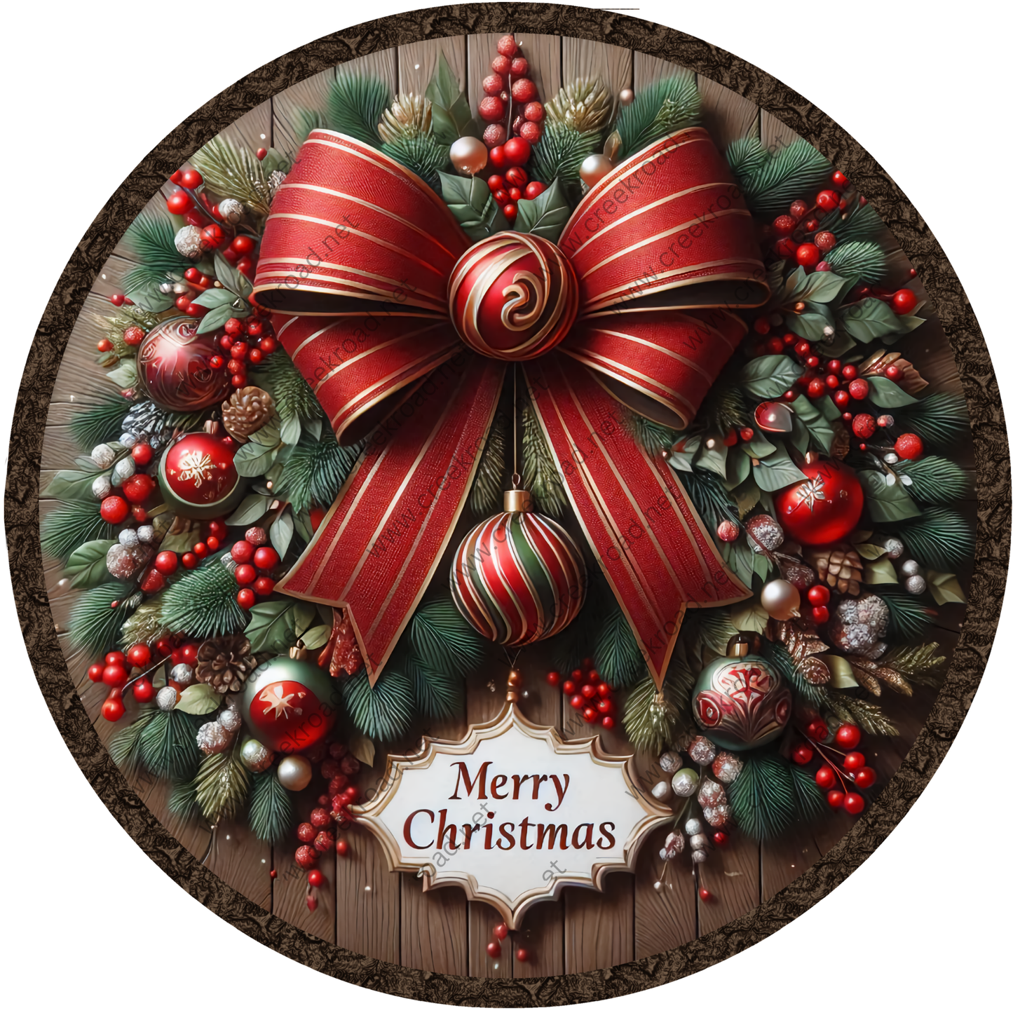 A beautifully decorated Christmas wreath with a large red bow, ornaments, berries, pine branches, and greenery. The wreath is set against a wooden background, and there is a "Merry Christmas" sign at the bottom.