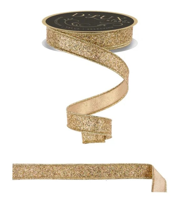A gold glittery ribbon is shown in the image, with a black circular label on top.