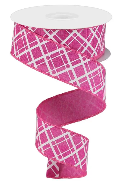 A pink and white checkered ribbon is shown, with the ribbon winding around a white spool.