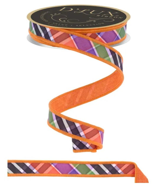 a spiral-shaped orange ribbon with a plaid pattern.