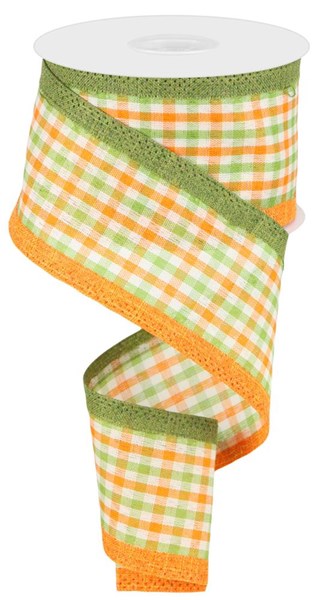 a roll of orange and green checkered ribbon