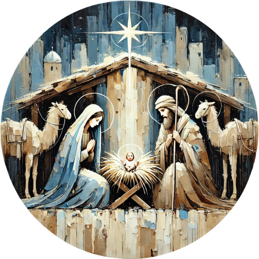 a painting of a nativity scene with the birth of jesus