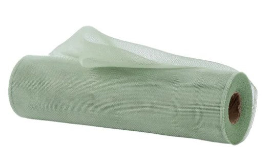 A roll of green mesh material against a white background.