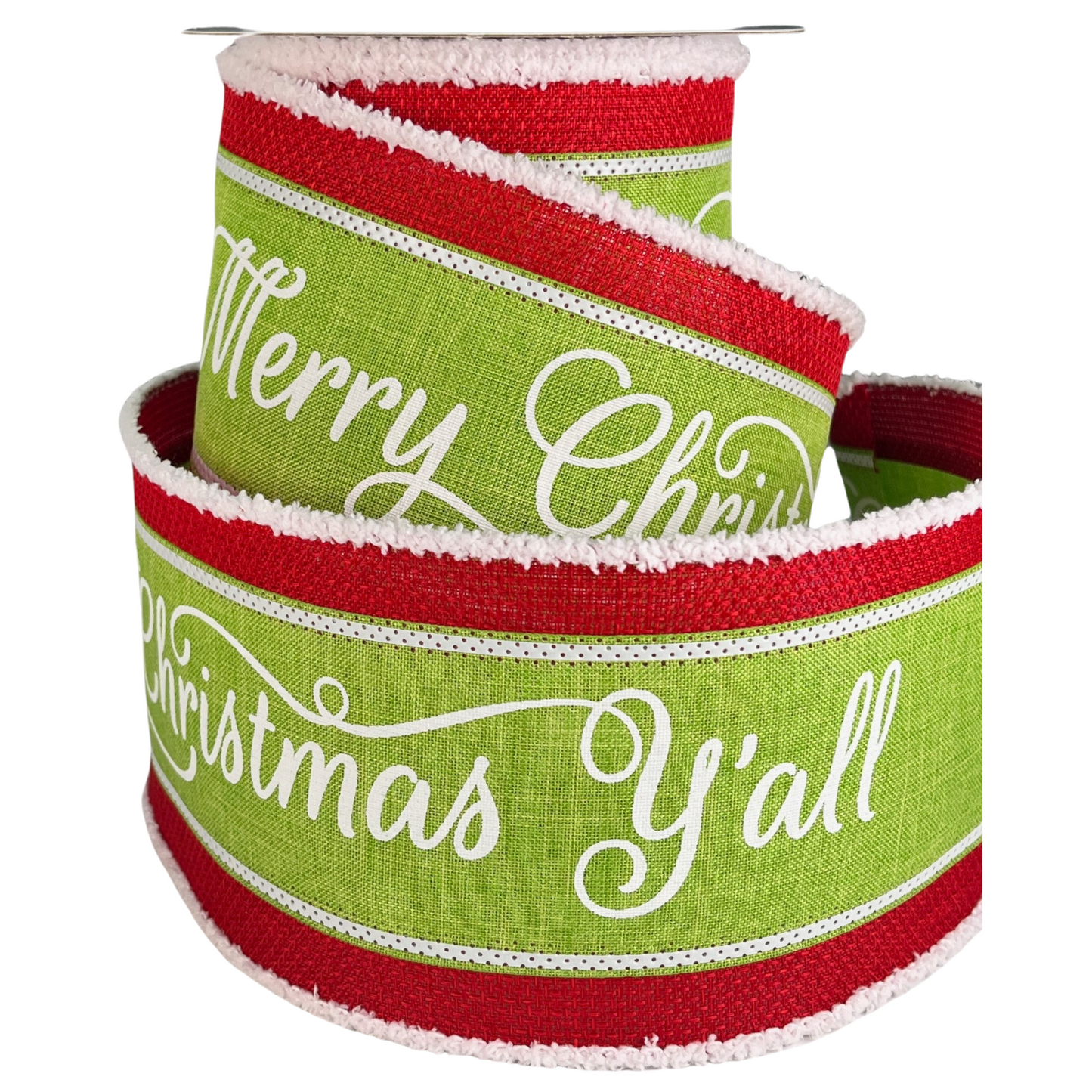 two red and green christmas ribbon with merry christmas y'all on them