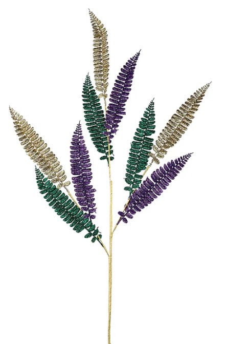 A branch with green and purple fern-like leaves, arranged in a stylized manner.