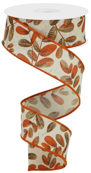 a white and orange ribbon with leaves on it