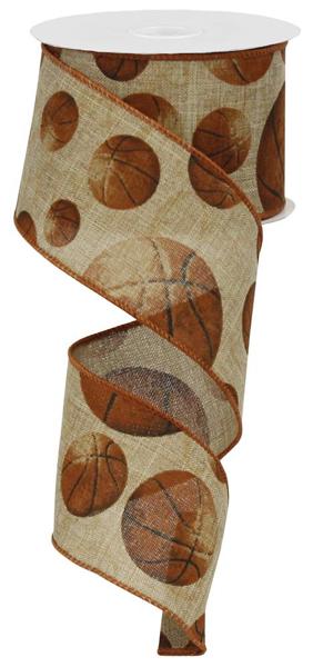 2.5" X 10Yd Wired Ribbon-Vintage Basketball-Beige/Brown-RG0147701