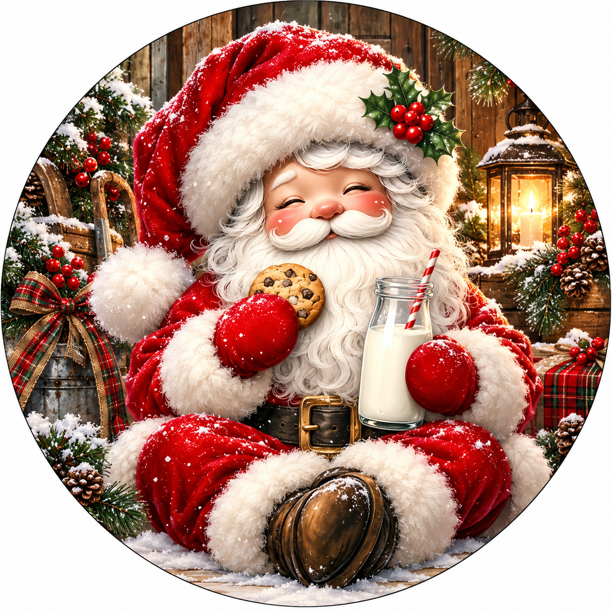 A cheerful Santa Claus figure sitting in the snow, holding a cookie and a glass of milk, surrounded by festive decorations and pine cones.