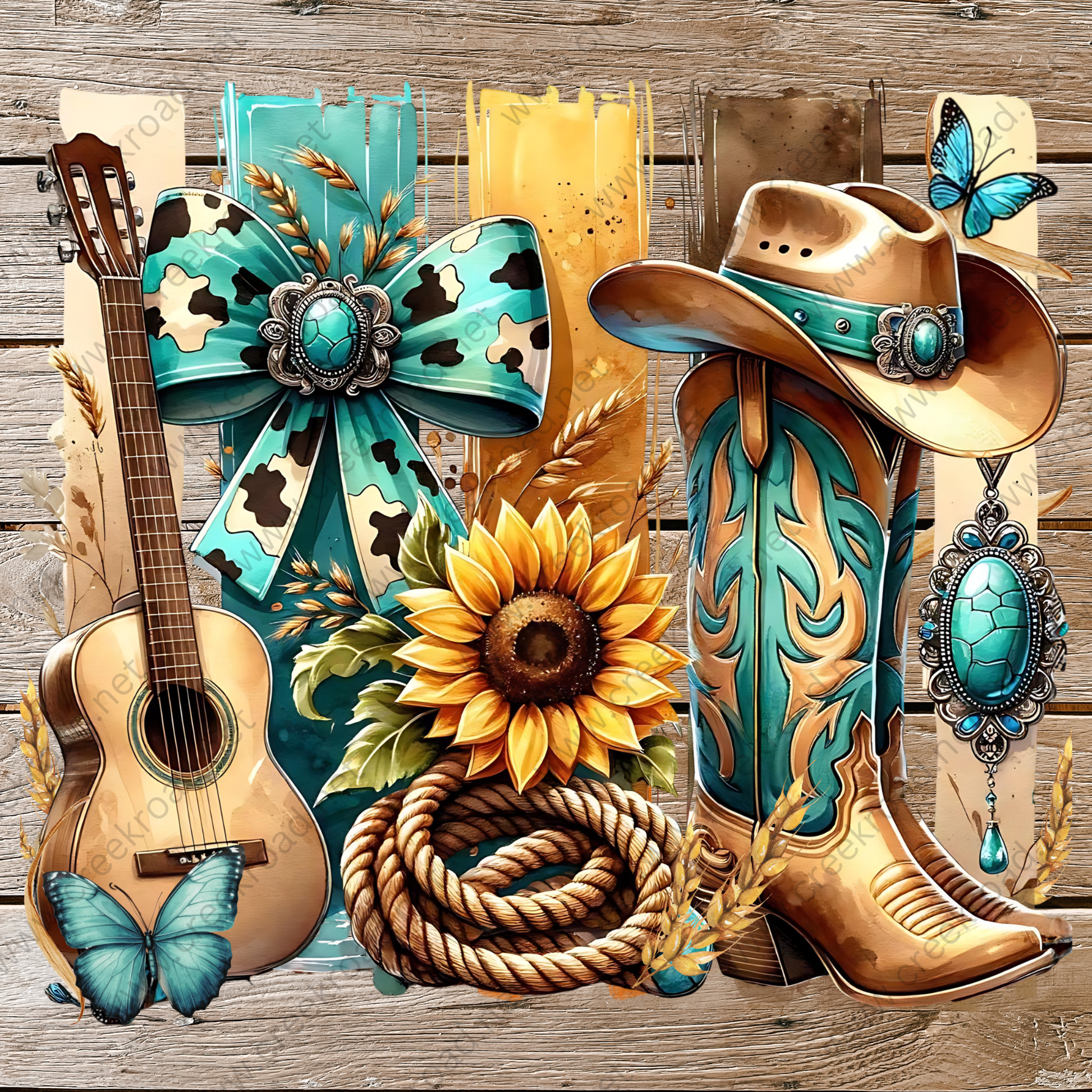 The image is a collage featuring various western-themed items, including a guitar, a sunflower, a bow, a cowboy hat, a rope, and a butterfly.