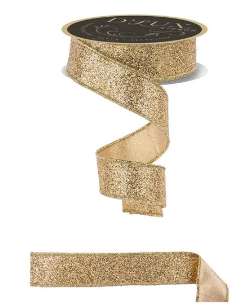 a gold glitter ribbon with a black label.