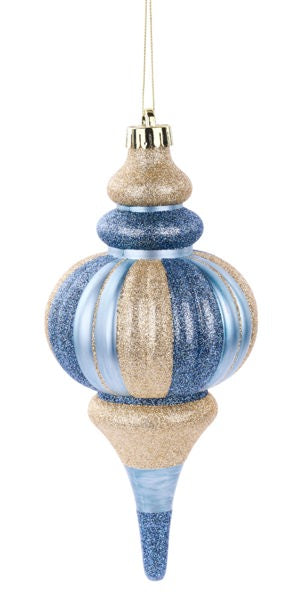 A decorative ornament with a blue and gold color scheme, featuring a pointed finial and a striped pattern.