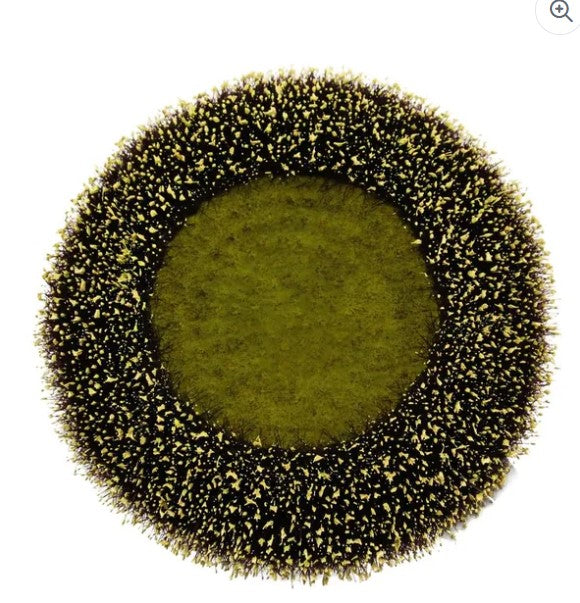 The image is a circular arrangement of small, black and yellow objects that create a textured, spiky appearance.