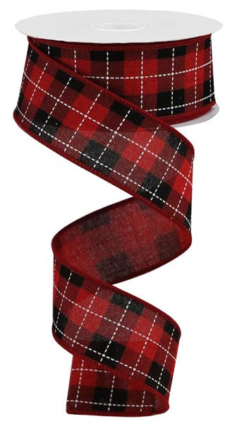 a red and black plaid ribbon on a white background