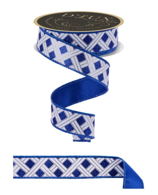 a blue and white diamond-patterned ribbon with a metallic blue trim.