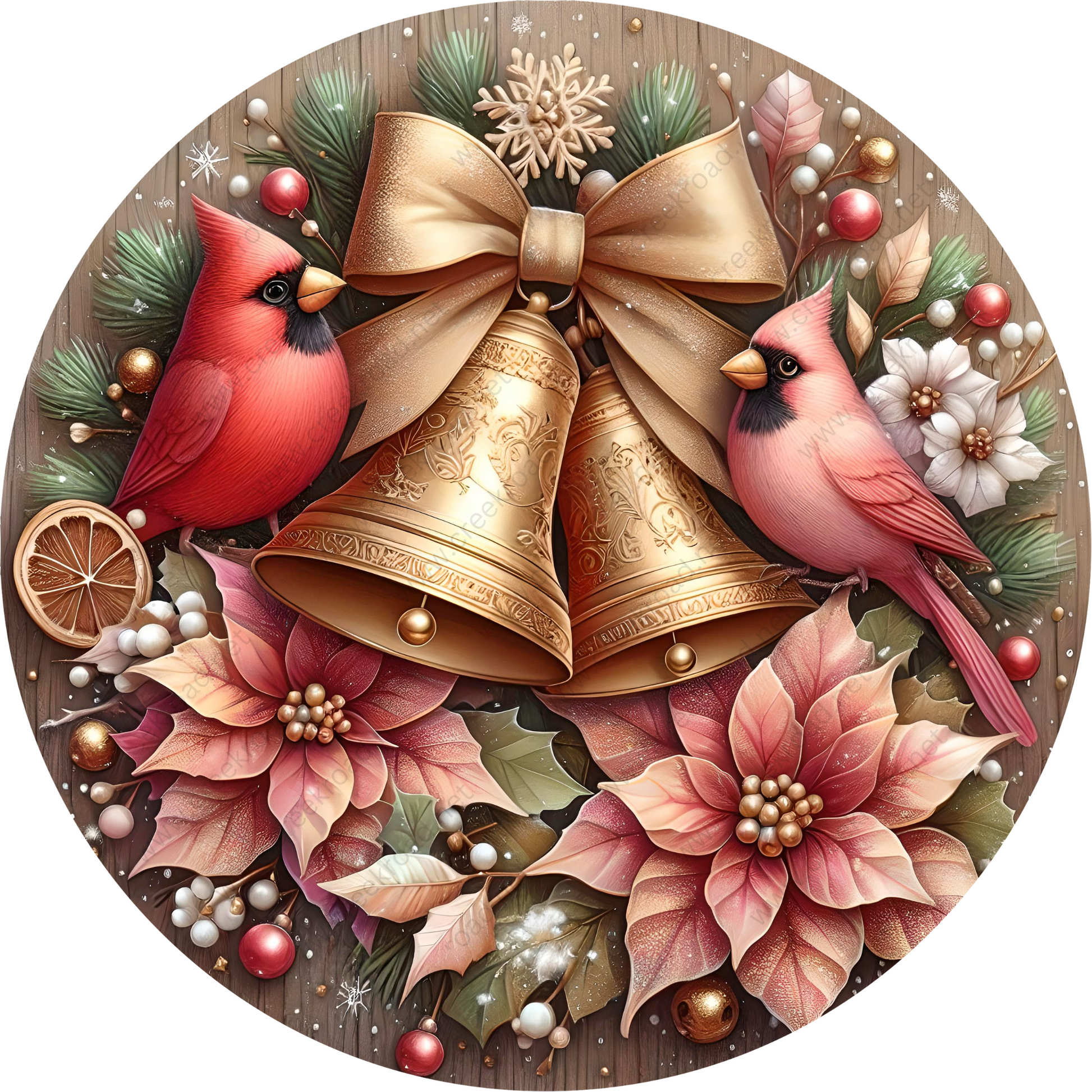 a christmas card with two birds and bells