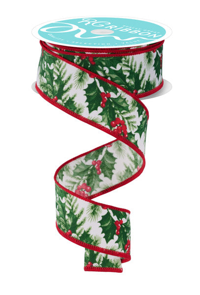 A spiral-shaped Christmas ribbon with a pattern of green leaves and red berries.