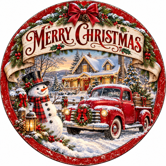 A snowman and a red truck are featured in a festive winter scene, with a house and trees in the background. The text "Merry Christmas" is displayed above the scene.