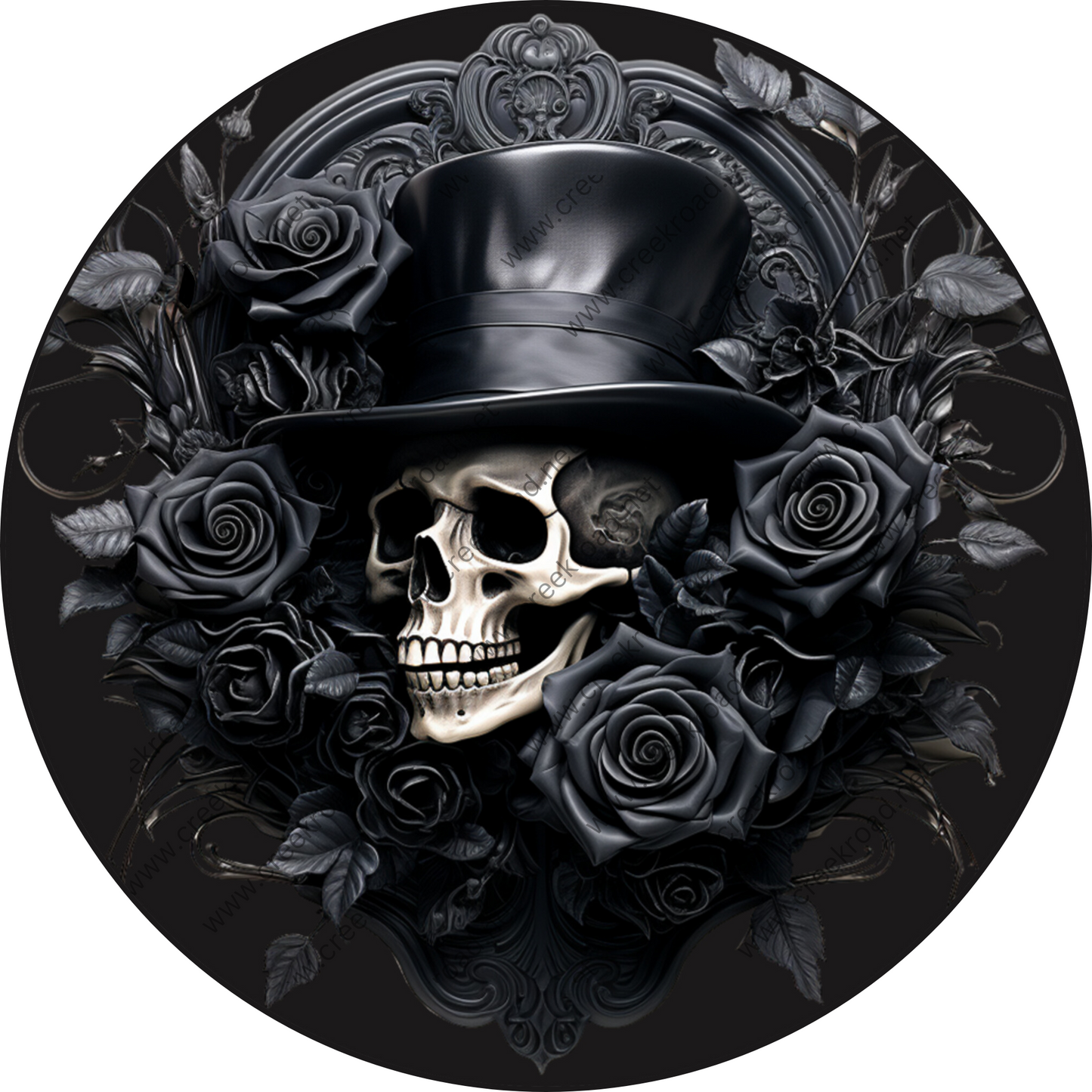 a skull wearing a top hat with roses around it