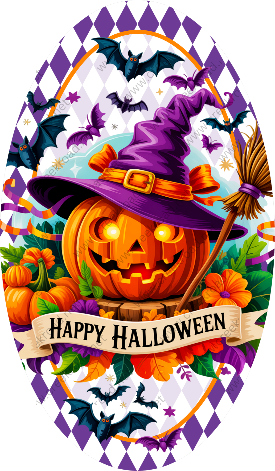 a jack-o-lantern wearing a witch's hat, surrounded by bats, pumpkins, and a banner that says "Happy Halloween".