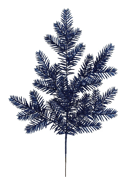 A blue Christmas tree ornament with intricate, dark blue pine needles.