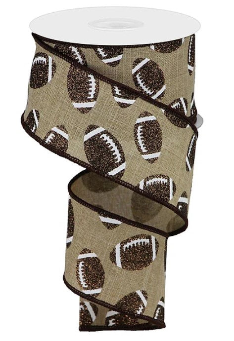 a brown and white football-themed ribbon with a repeating pattern of footballs on a beige background.