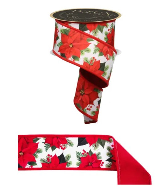 a red and white floral patterned ribbon, which appears to be a decorative item.