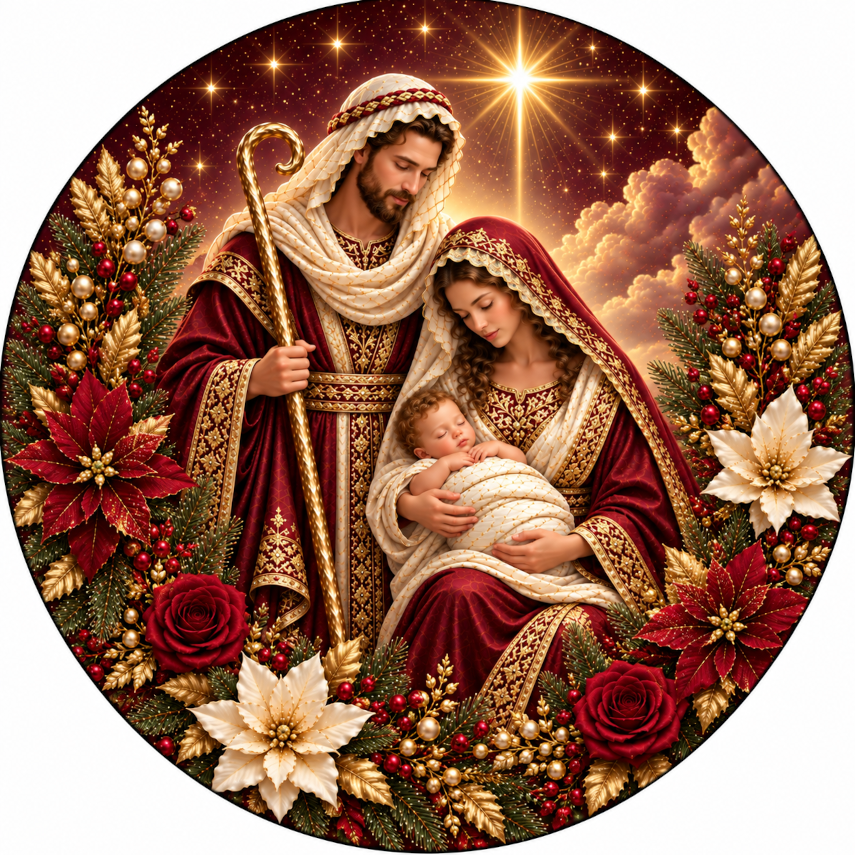 a religious scene with a man, a woman, and a baby, all dressed in traditional religious attire. The man is holding a staff, the woman is holding a baby, and they are all surrounded by flowers and other decorations. The background features a starry night sky and clouds, creating a serene and peaceful atmosphere.