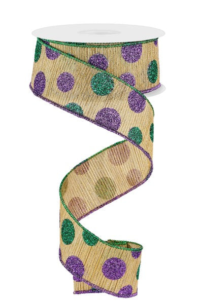 a roll of purple and green polka dot ribbon