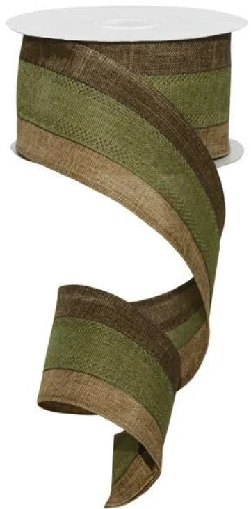 A spiral-shaped burlap ribbon with a mix of green and brown colors.