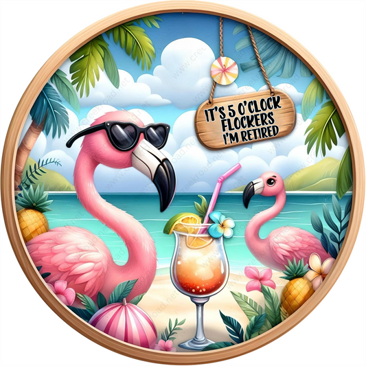 a clock with a flamingo and a cocktail on the beach